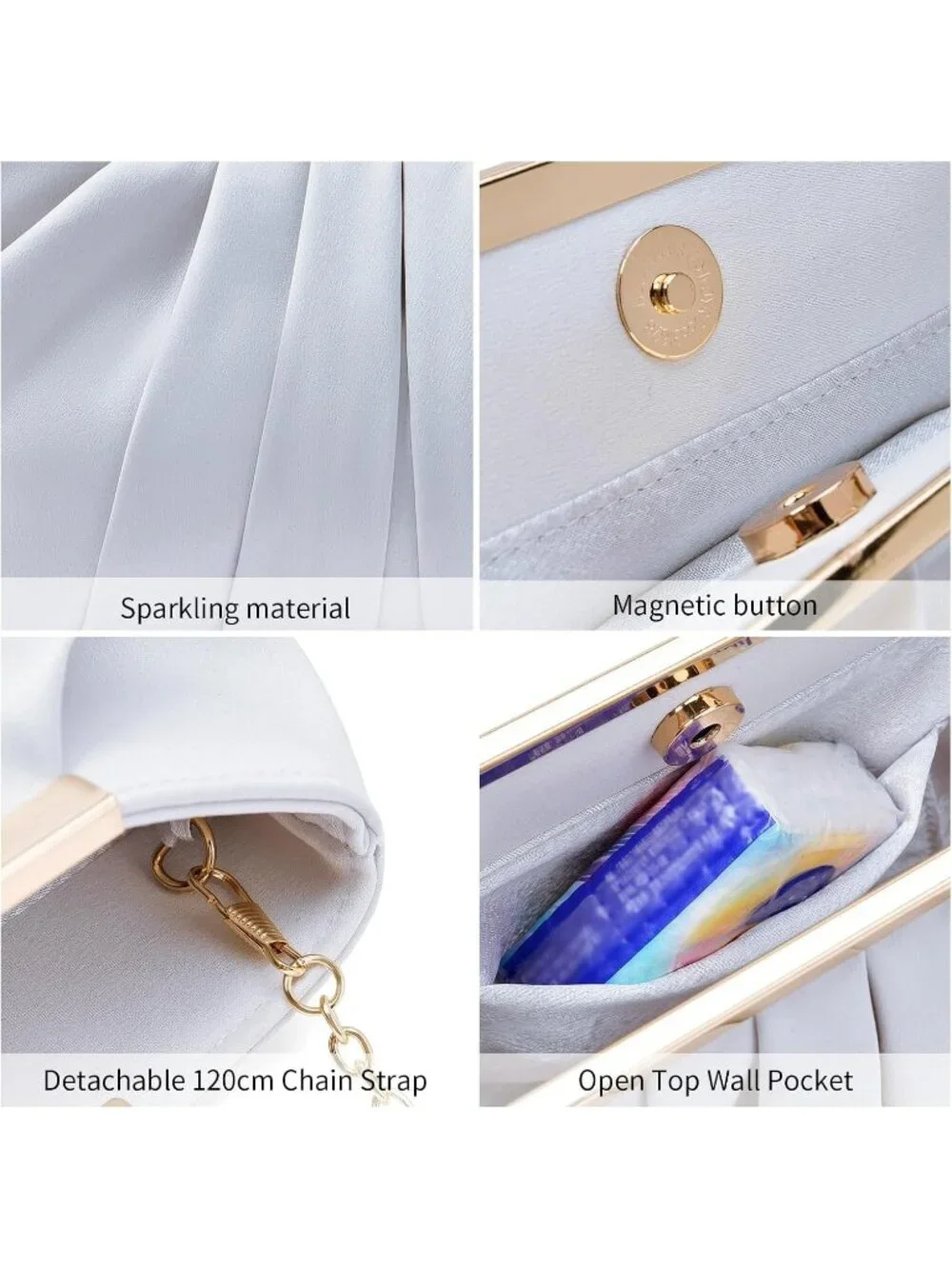 👜 Women's Silver Satin Evening Bag Elegant Pleated Formal Clutch With Chain